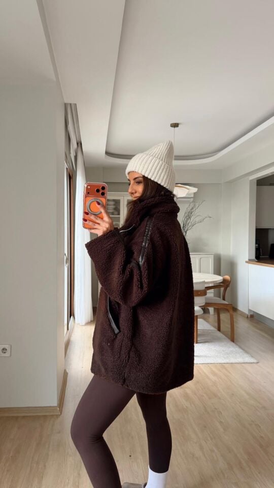 Deri Detaylı Peluş Ceket Kahve