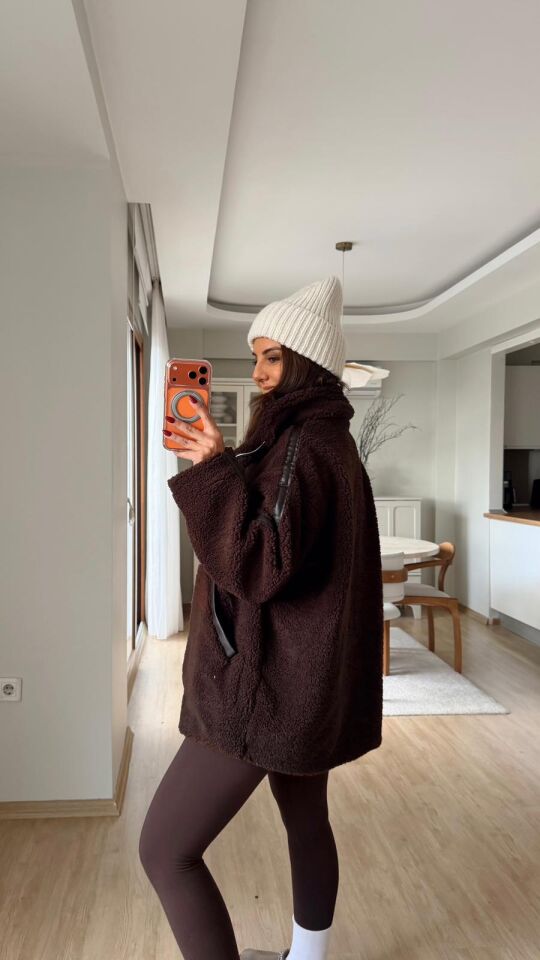 Deri Detaylı Peluş Ceket Kahve