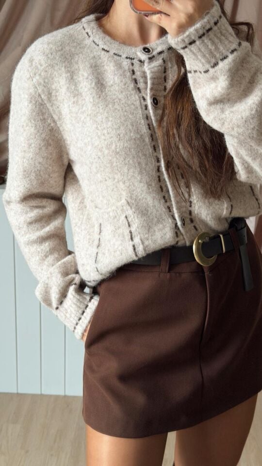 Kırçıllı Dikişli Hırka Vizon