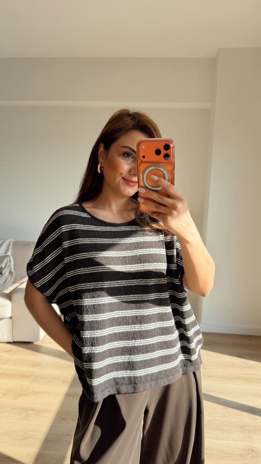 Kahverengi Çizgili Triko Bluz