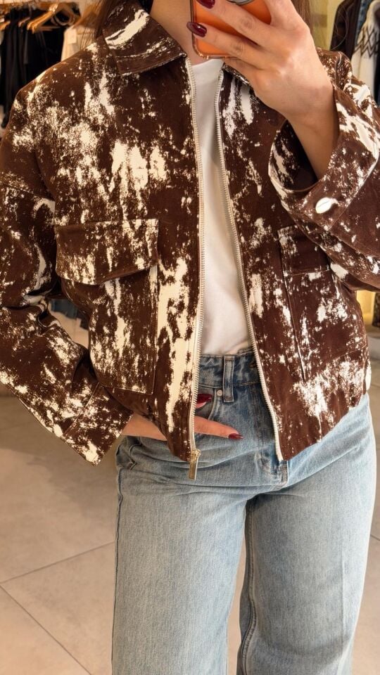 Flok Baskı Kahve Ceket