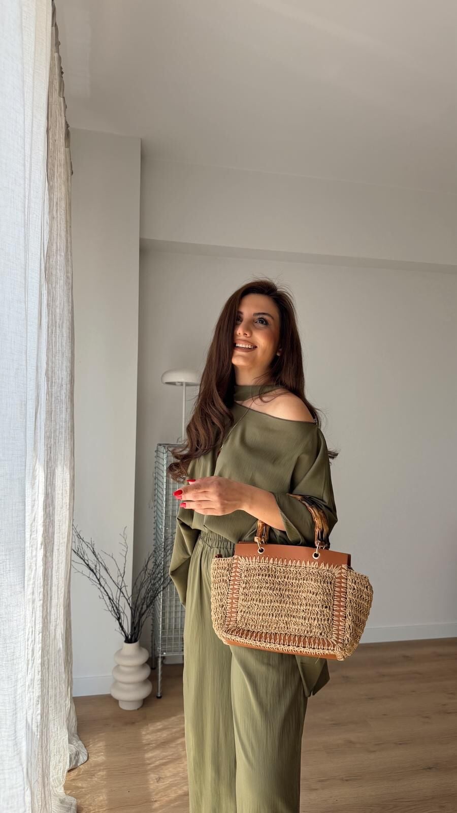Ahşap Askı Hasır Çanta Camel