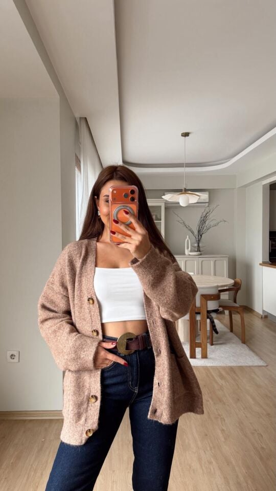 Oversize Düğmeli Hırka Camel