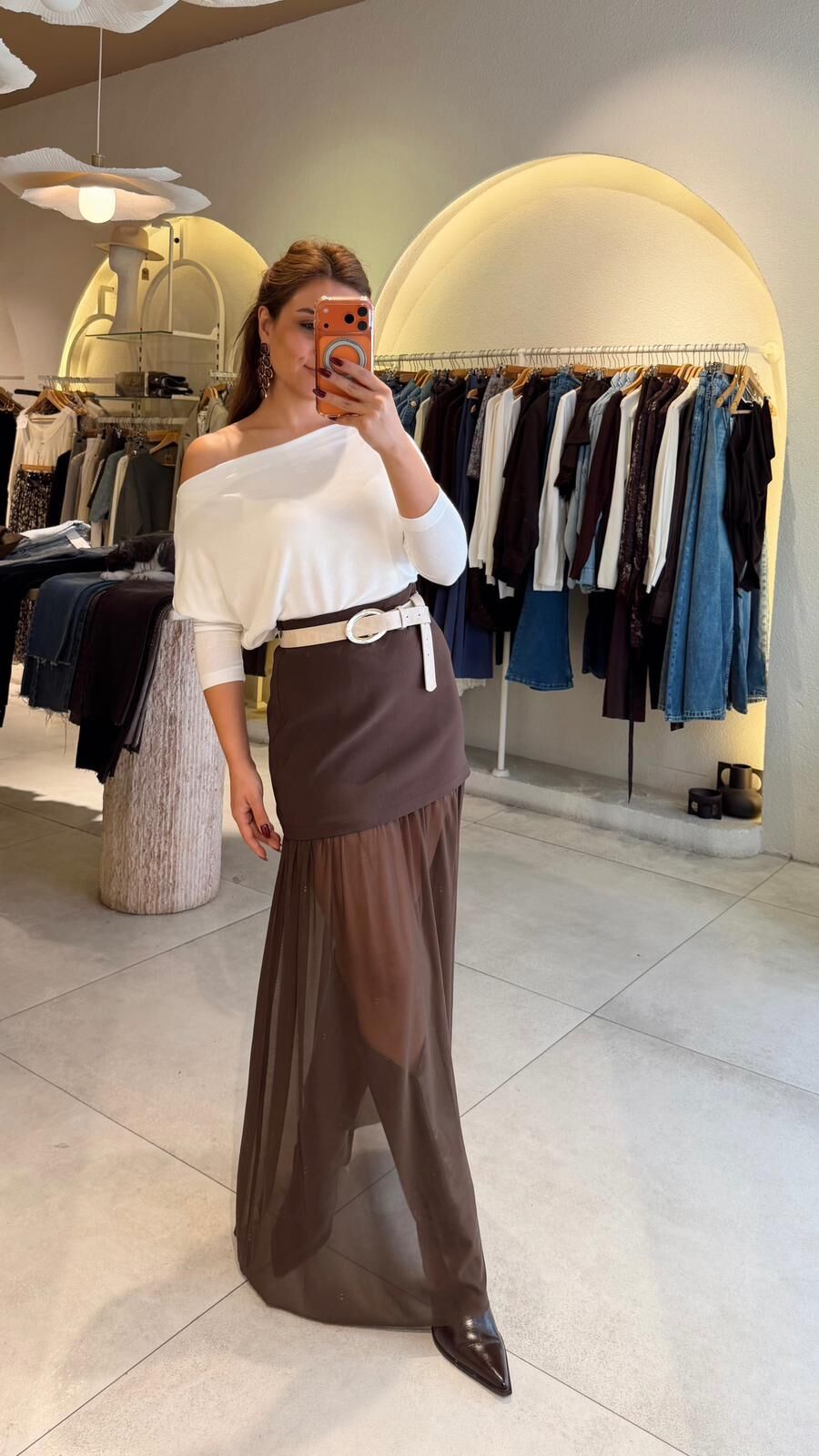 Tül Detay Kahve Mini Etek