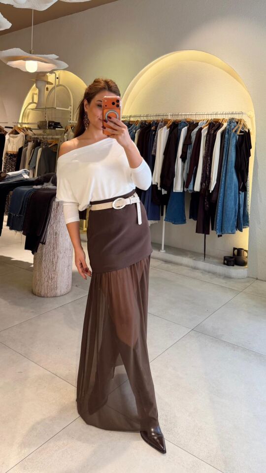 Tül Detay Kahve Mini Etek