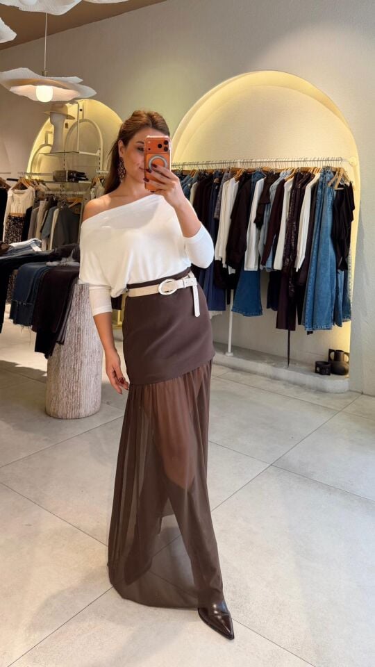 Tül Detay Kahve Mini Etek