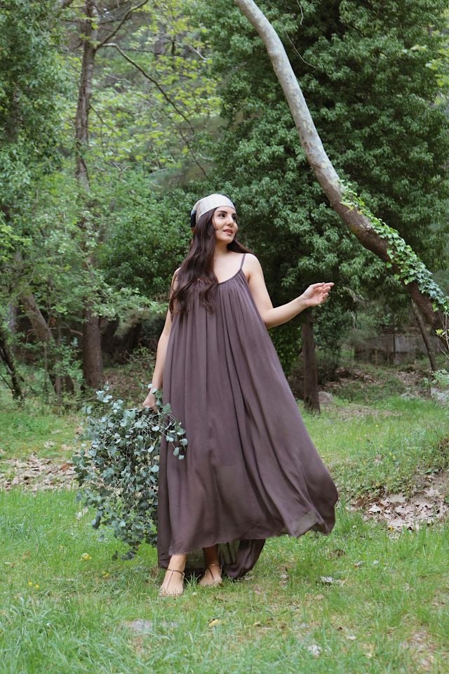 Askılı Cotton Elbise Kahve