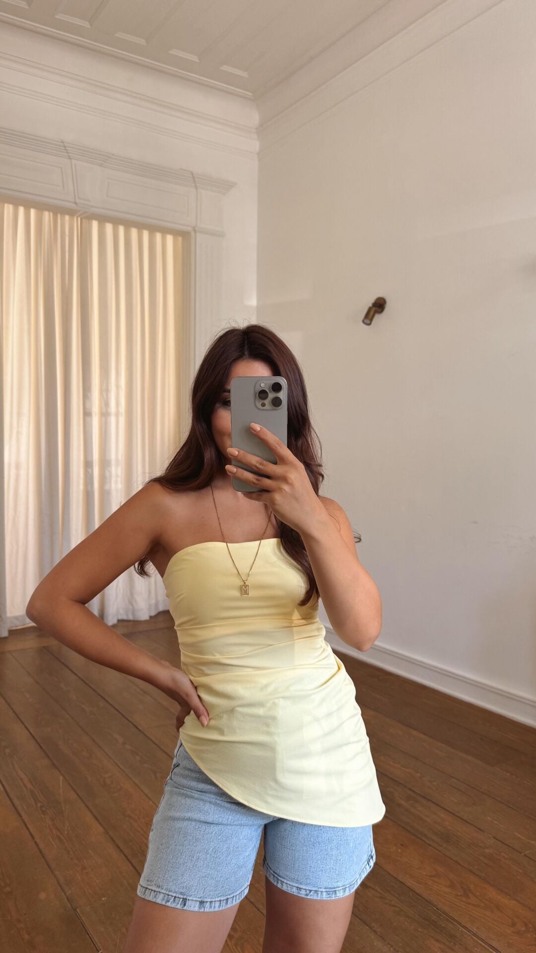 Straplez Drapeli Bluz Sarı