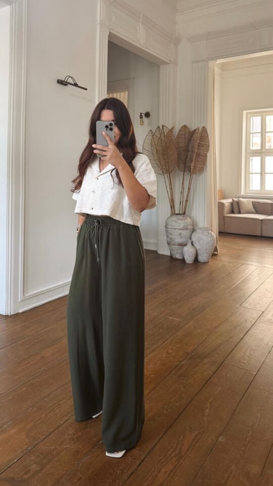 Bel Lastikli Bol Pantolon Haki