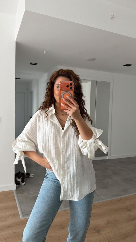 Krem Kol Bağlamalı Gömlek