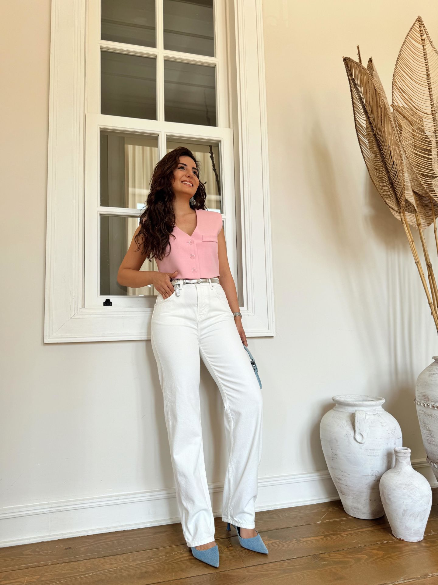 Ekru Likrasız Denim Mom