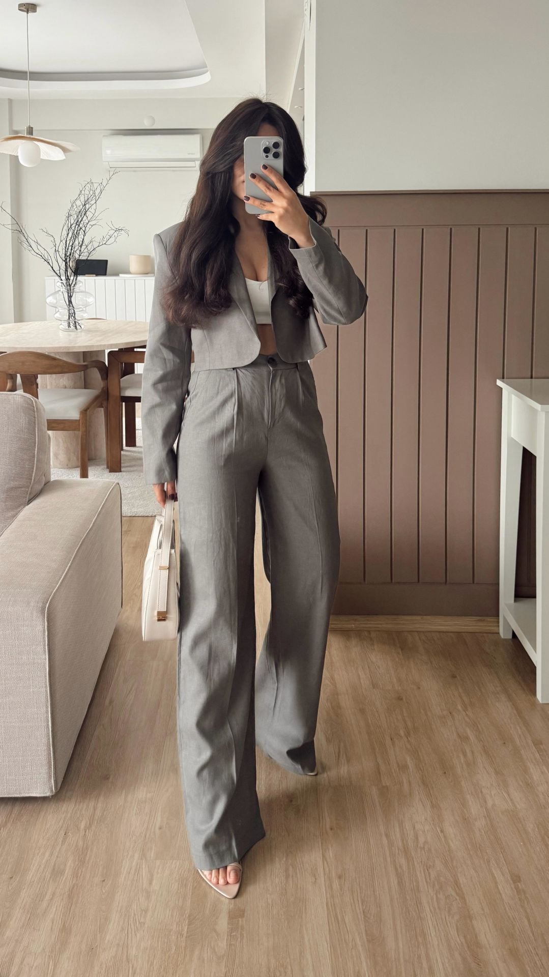 Crop Blazer Keten Takım Haki