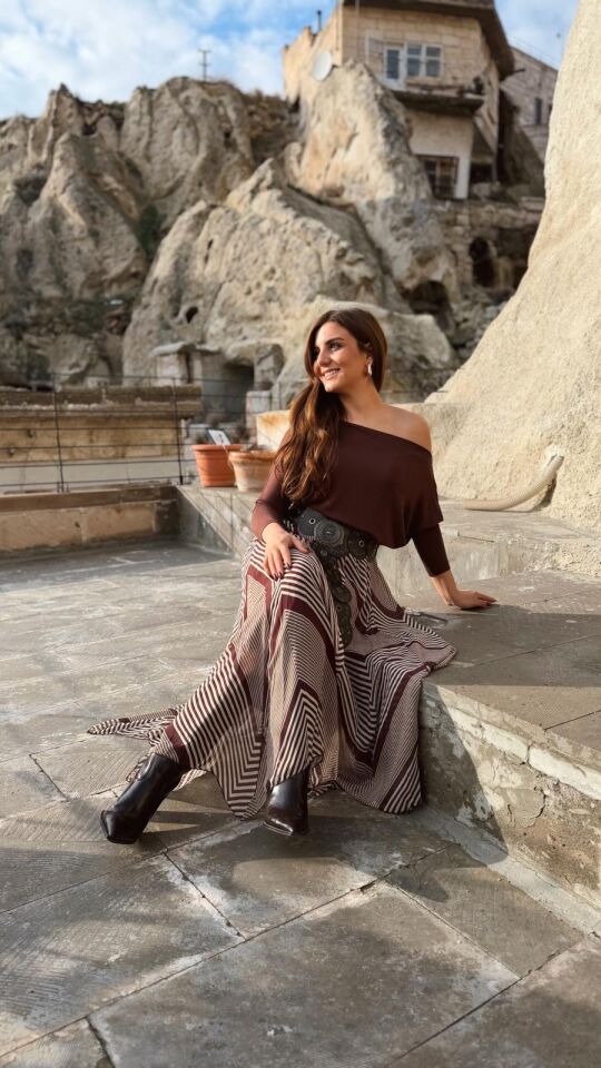 Şerit Desen Şifon Etek Kahve