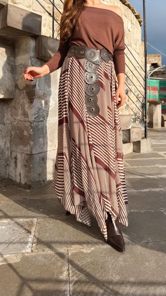 Şerit Desen Şifon Etek Kahve