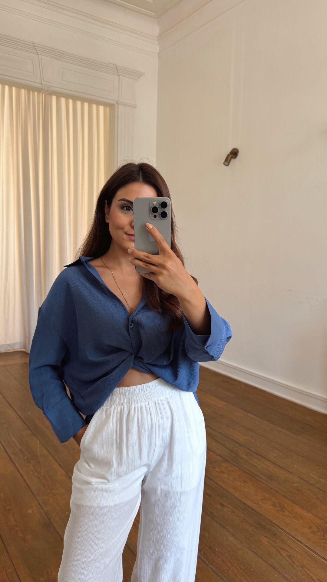 Manşetli İndigo Gömlek