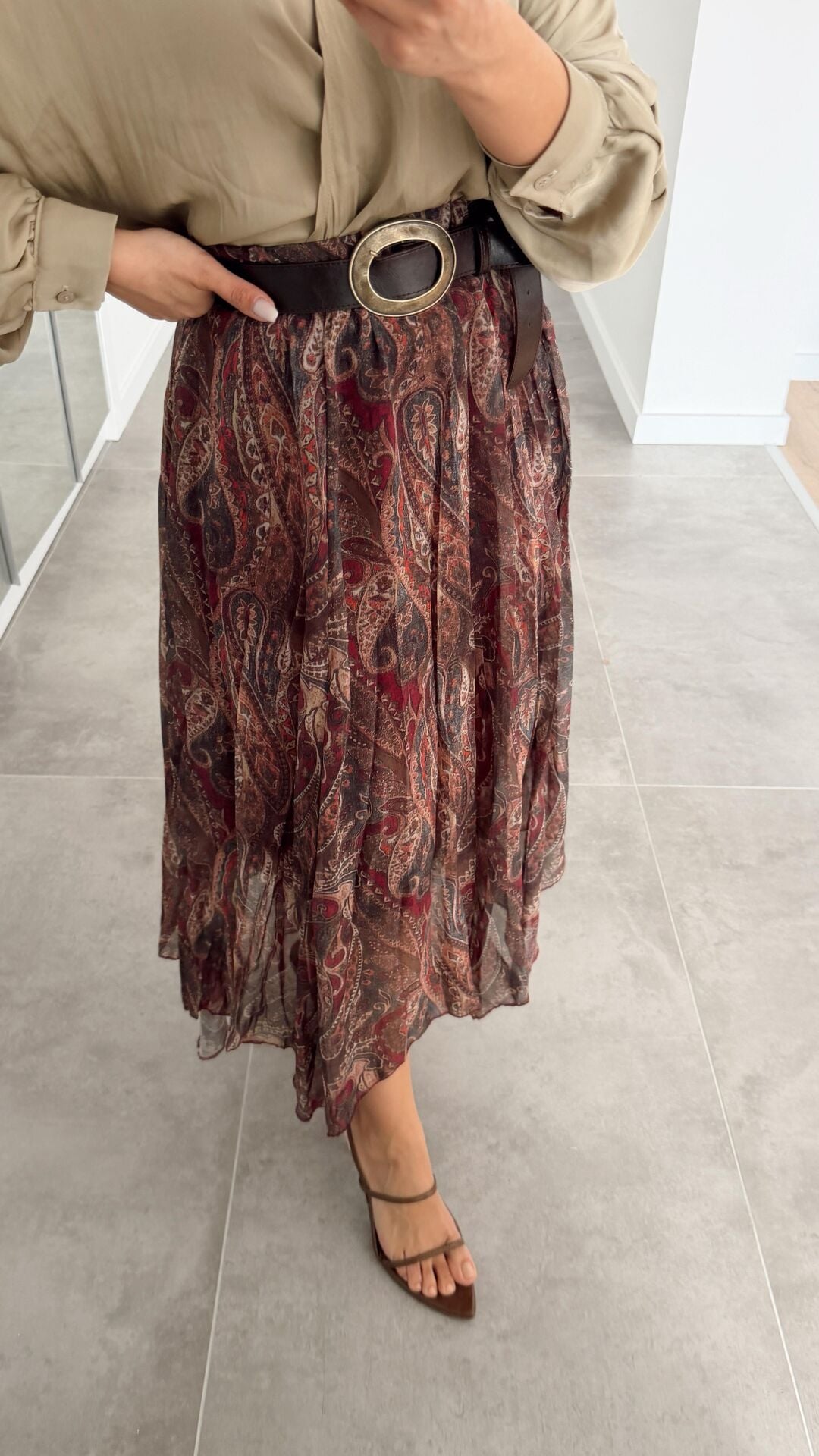Şifon Desenli Etek Bordo&Haki
