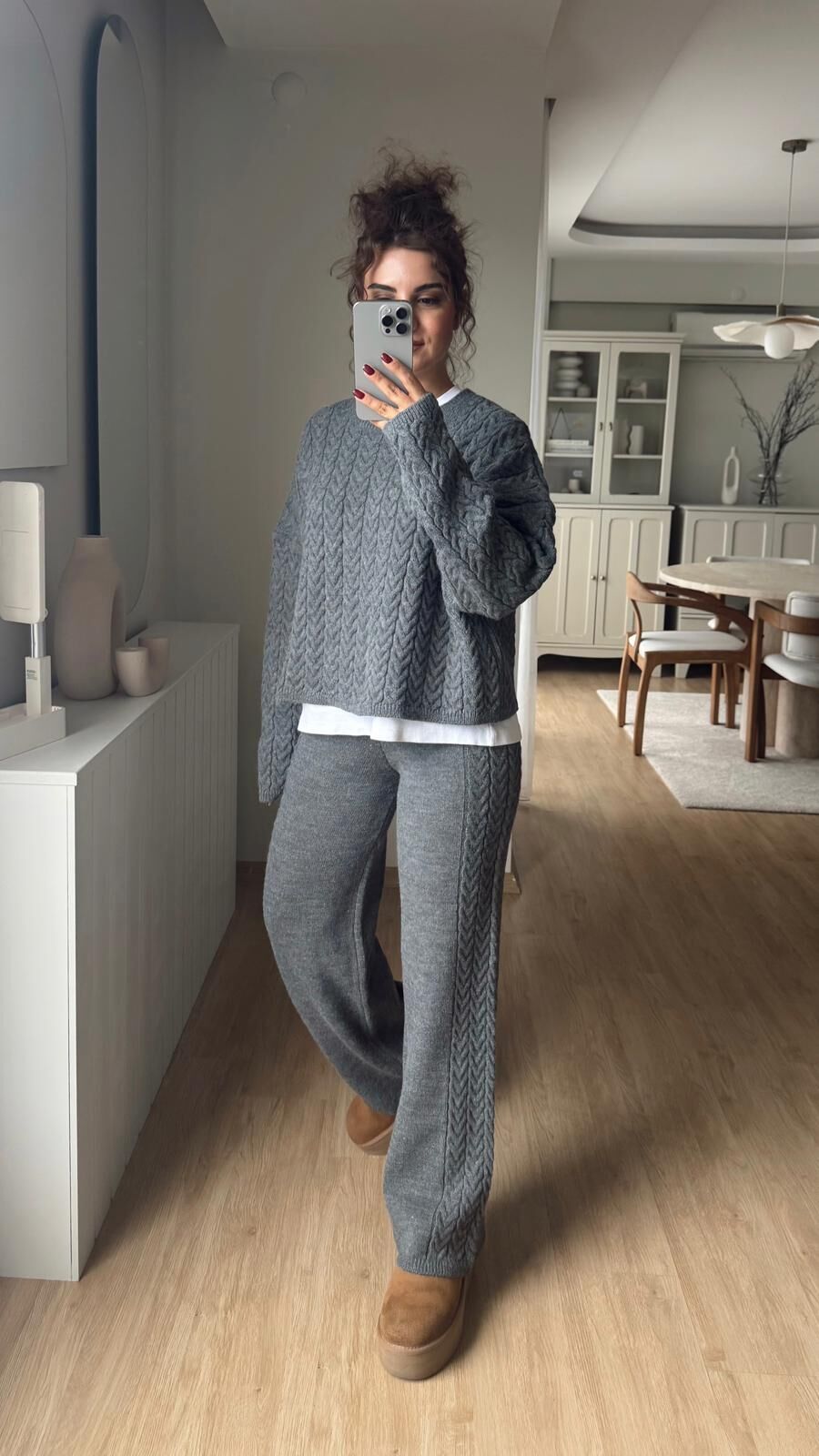 Saç Örgü Triko Takım Gri