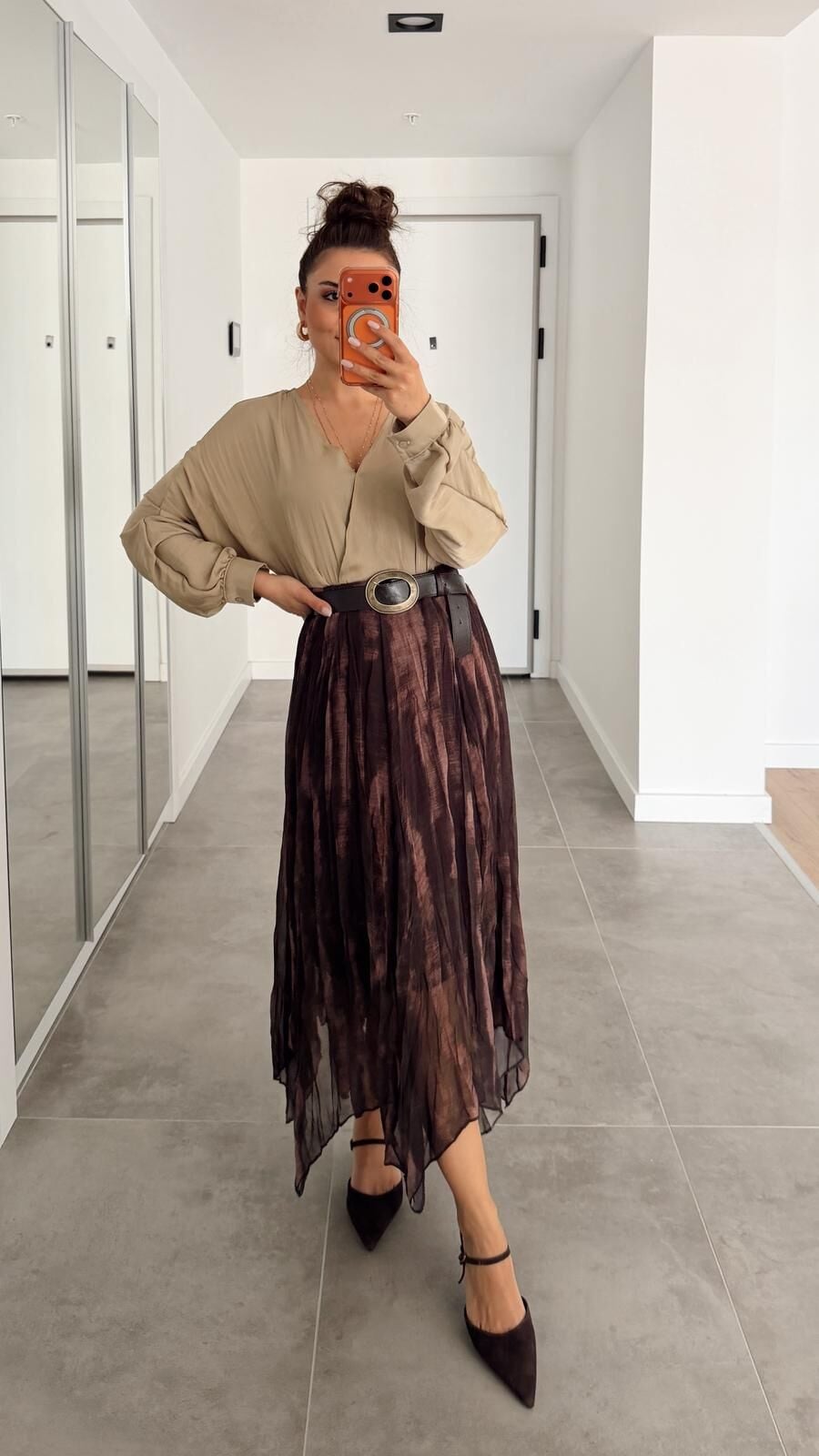 Batik Desen Şifon Kahve Etek