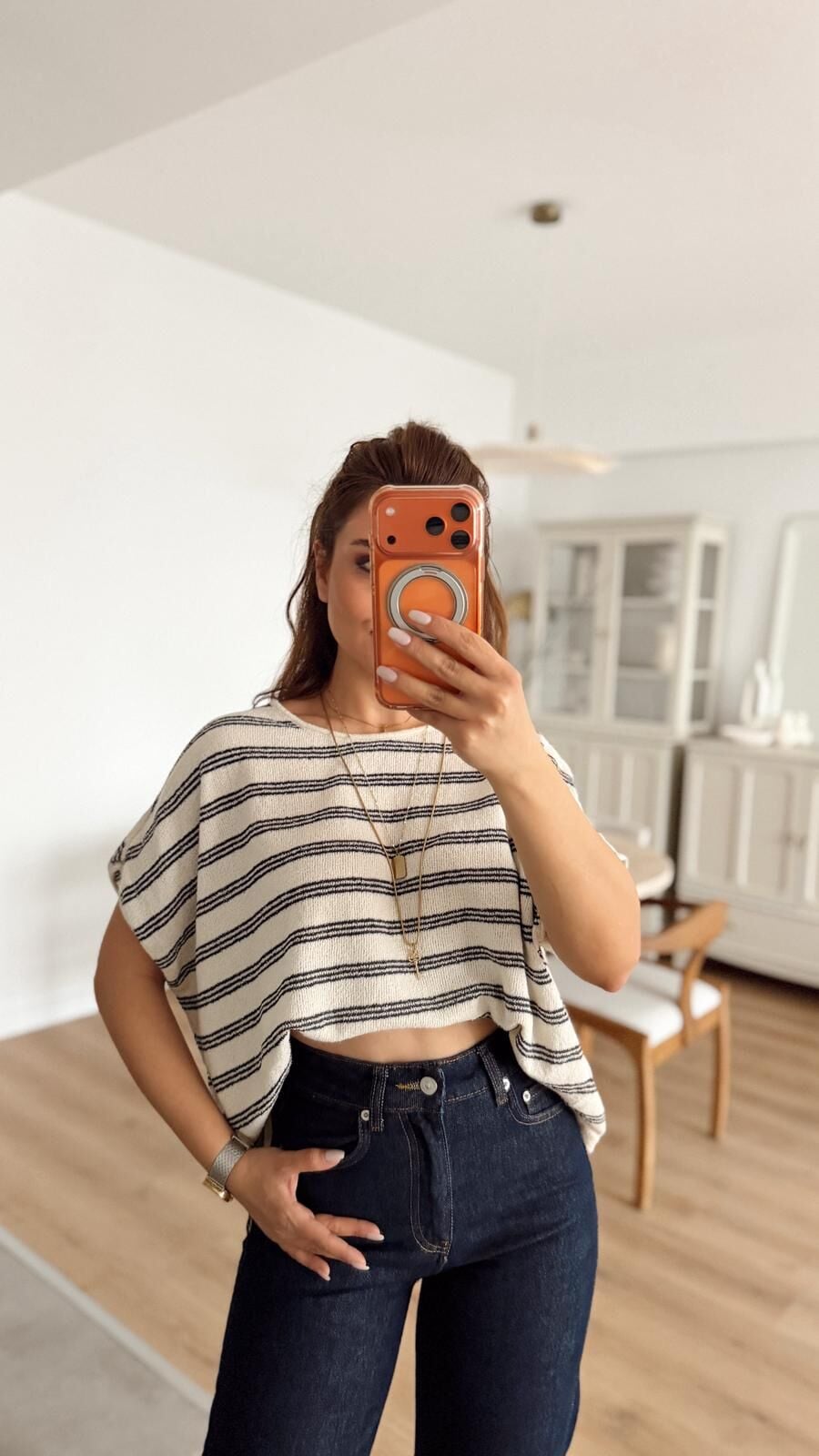 Ekru Çizgili Triko Bluz