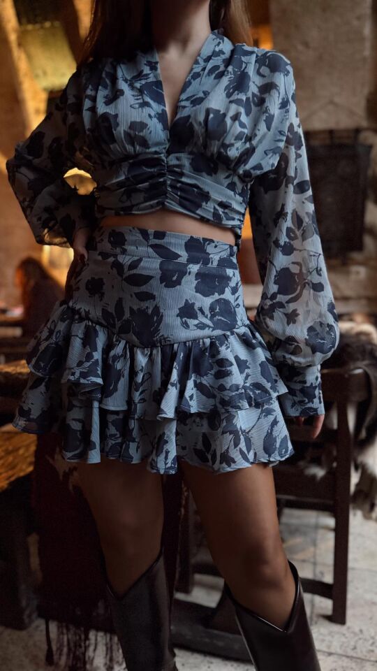 Şifon Çiçekli Crop Bluz