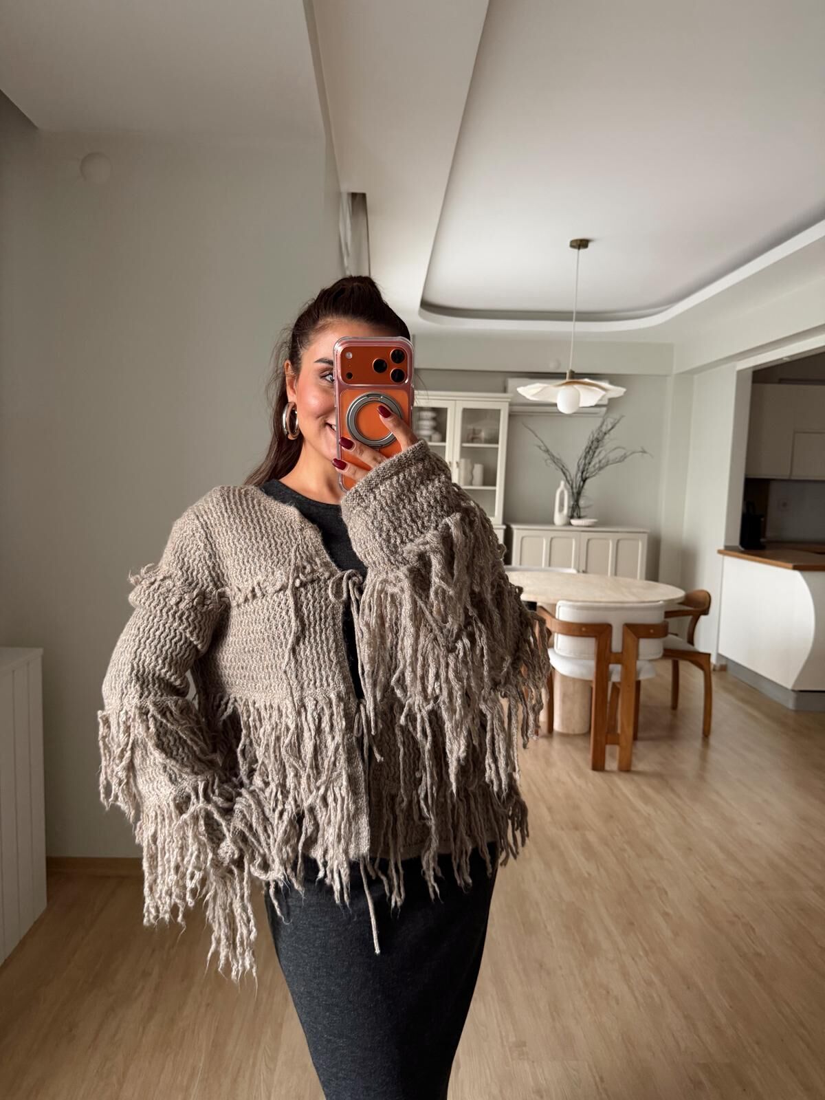 Püsküllü Triko Hırka Vizon