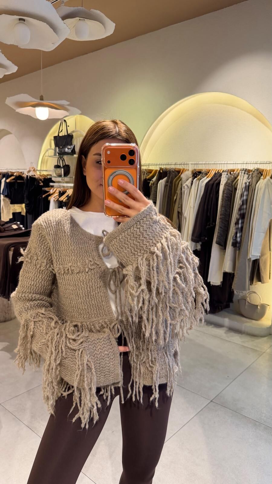 Püsküllü Triko Hırka Vizon