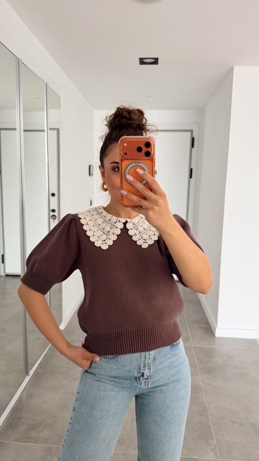 Bebe Yakalı Kısa Kol Kazak Kahve