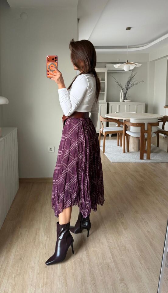 Ekose Desenli Şifon Etek Mürdüm