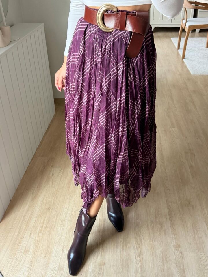 Ekose Desenli Şifon Etek Mürdüm