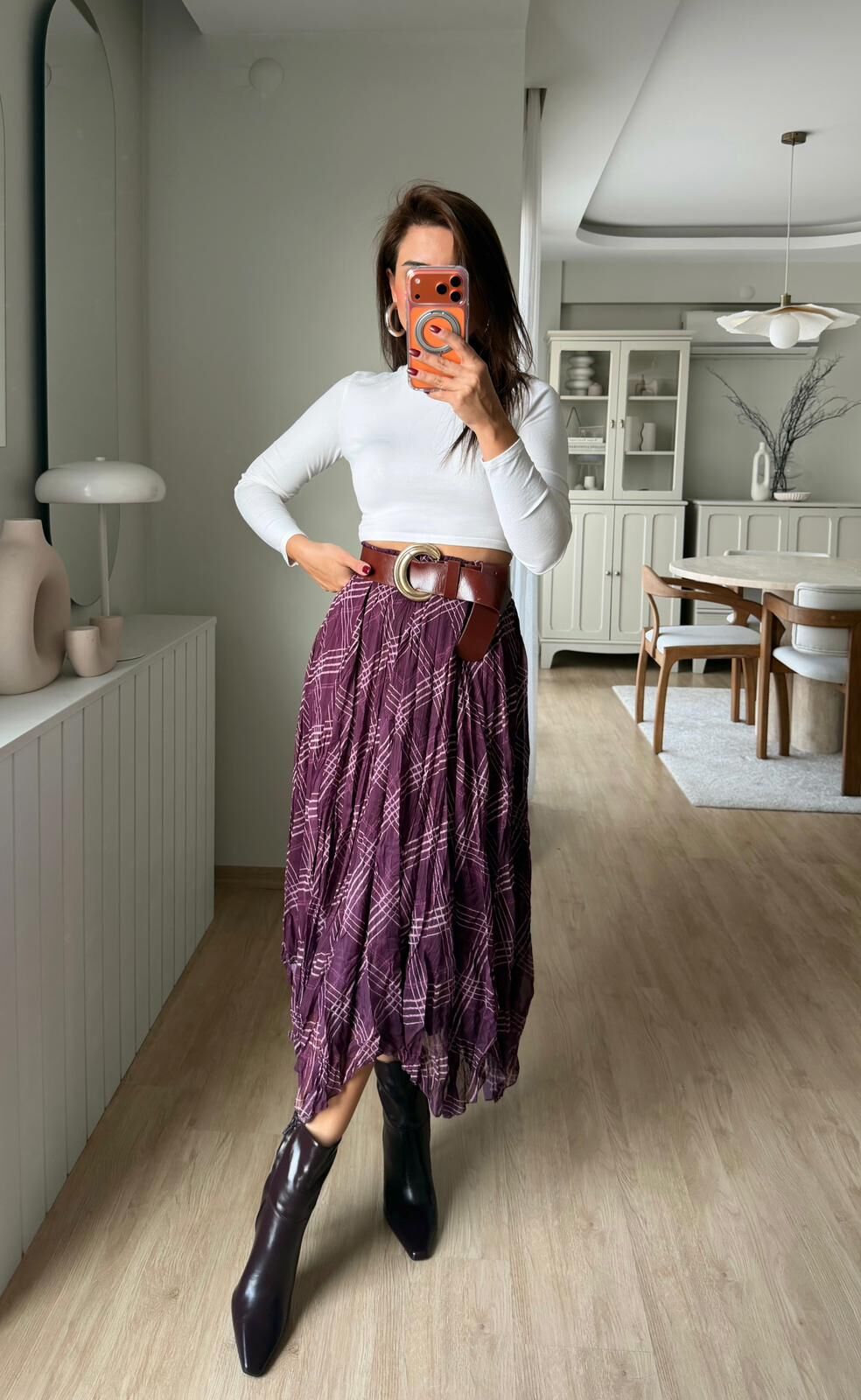 Ekose Desenli Şifon Etek Mürdüm