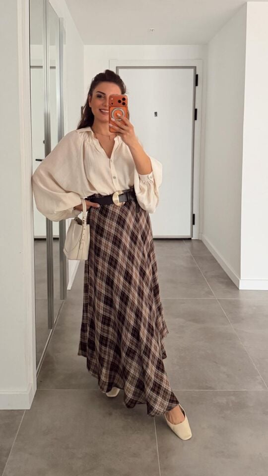 Ekoseli Midi Etek Kahve