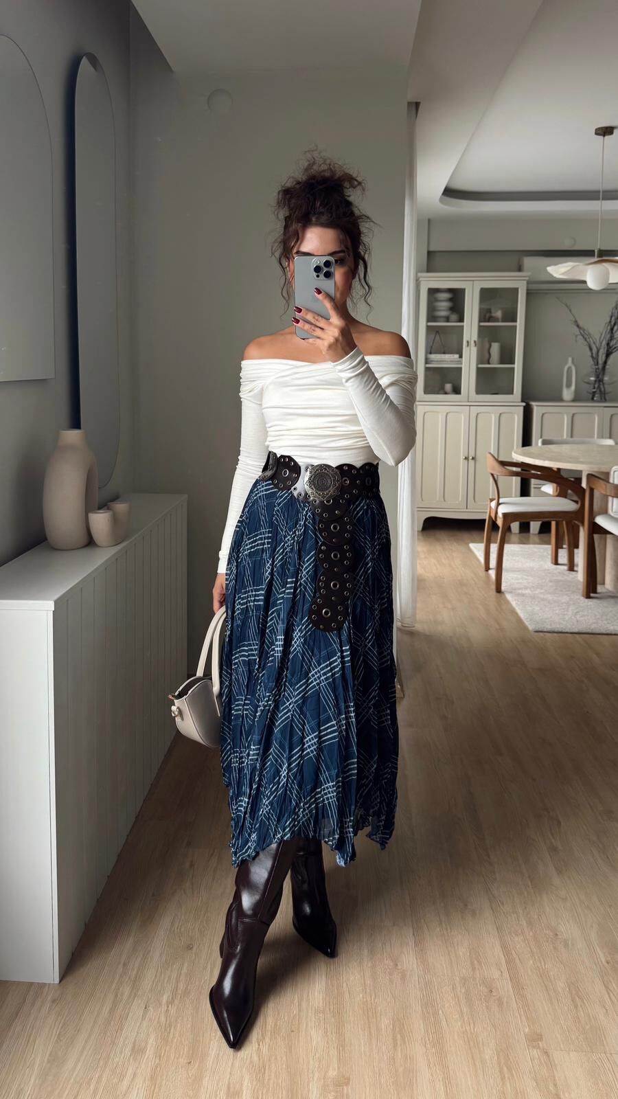 Ekose Desenli Şifon Etek Petrol