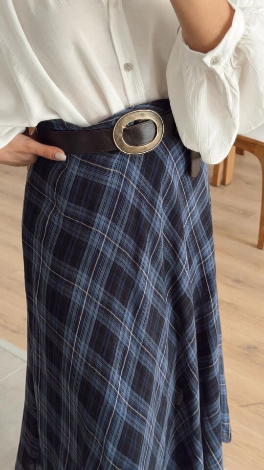 Ekoseli Midi Etek İndigo