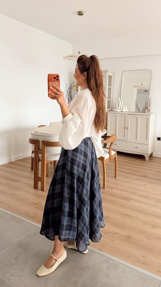 Ekoseli Midi Etek İndigo