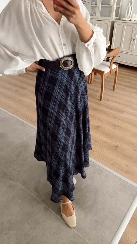 Ekoseli Midi Etek İndigo