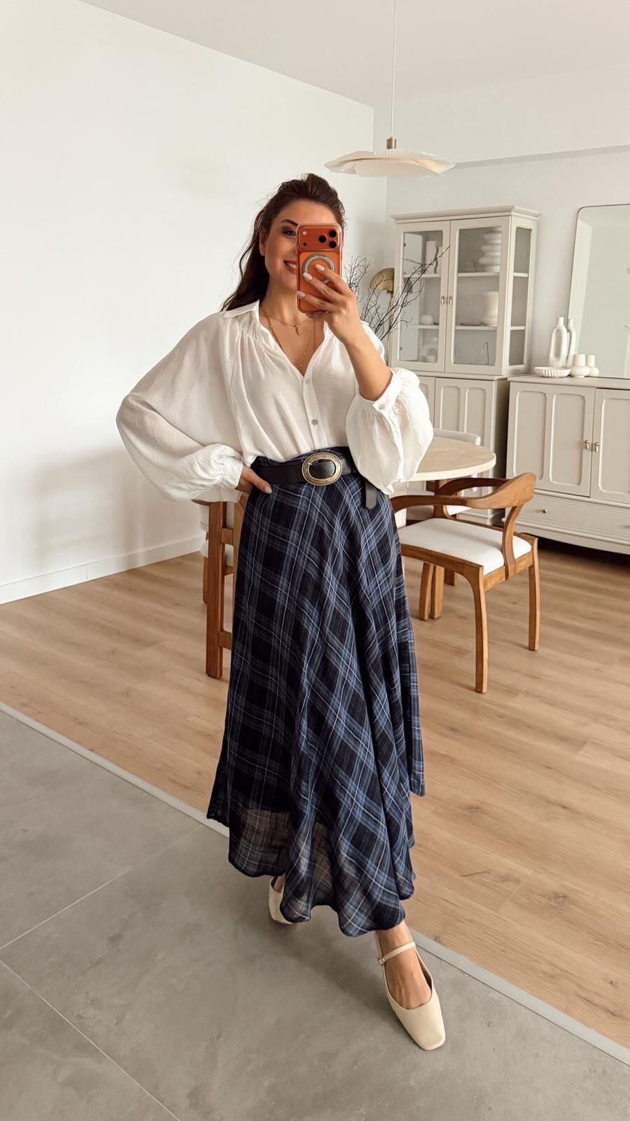 Ekoseli Midi Etek İndigo