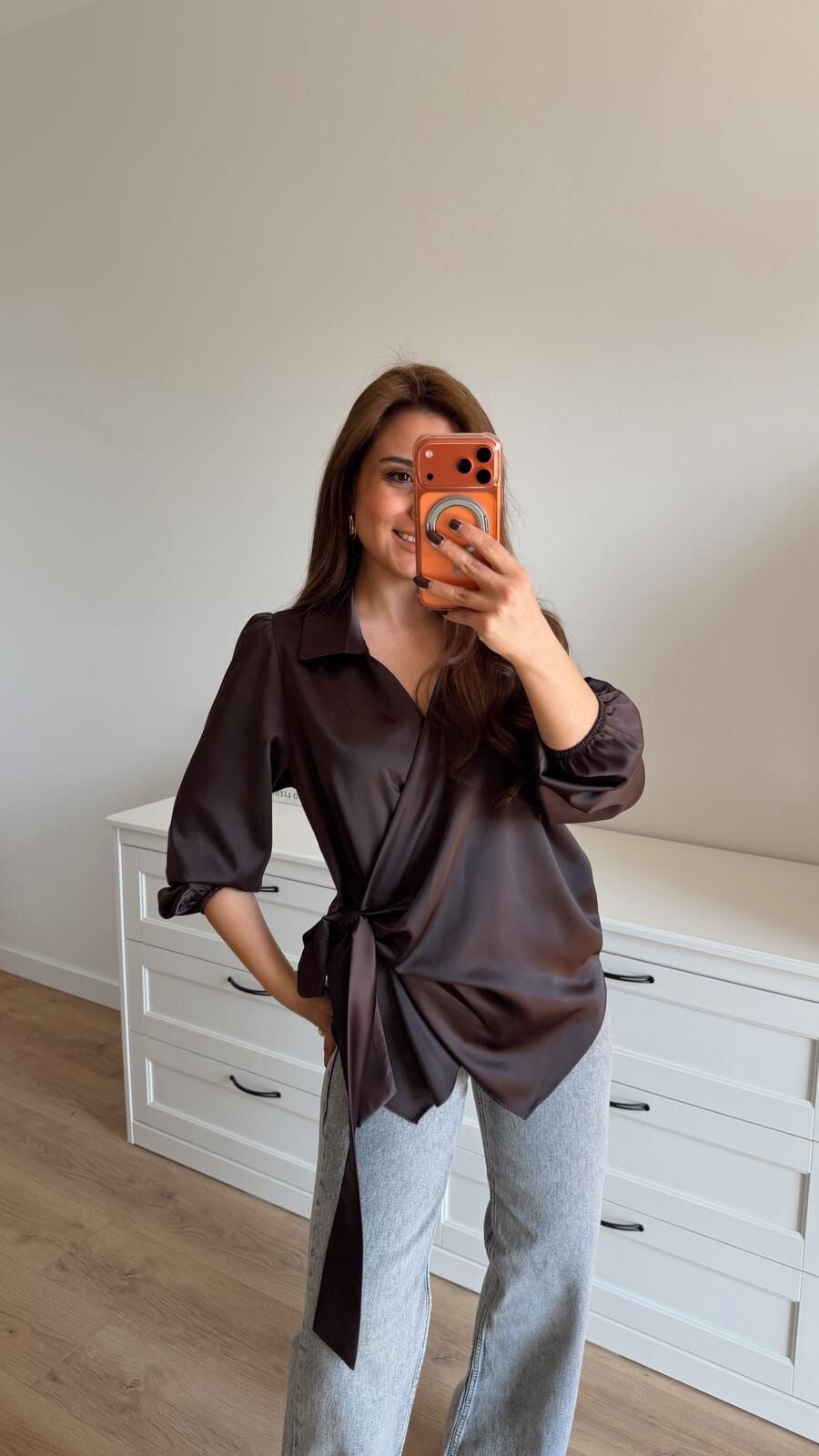 Kahve Saten Bağlamalı Gömlek