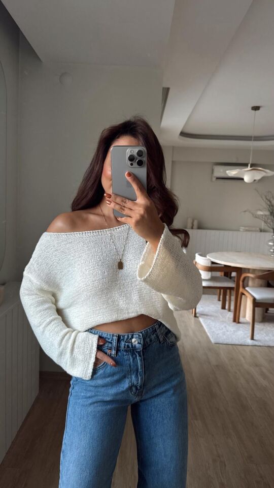 Kayık Yaka İnce Kazak Ekru