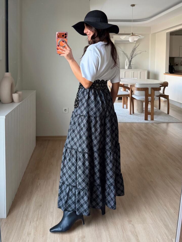 Ekose Desenli Asimetrik Etek Gri