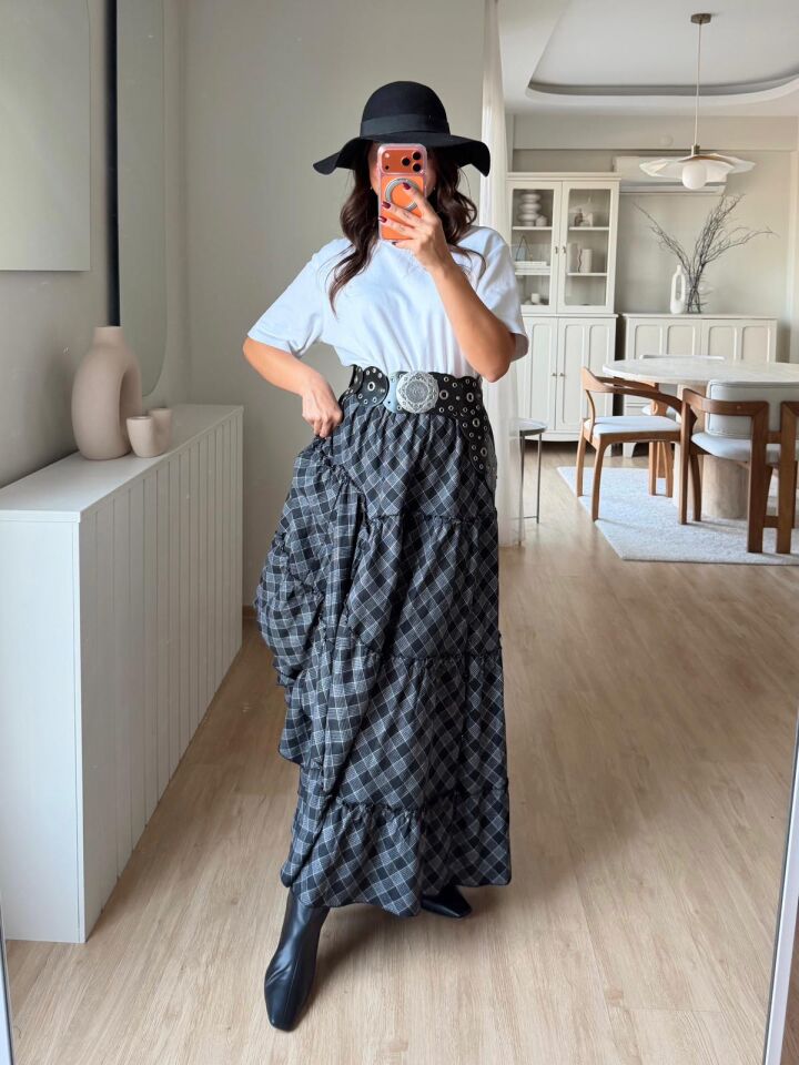 Ekose Desenli Asimetrik Etek Gri