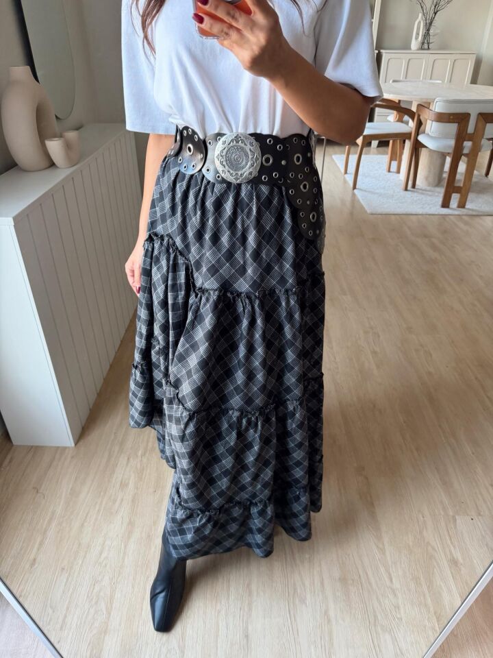 Ekose Desenli Asimetrik Etek Gri