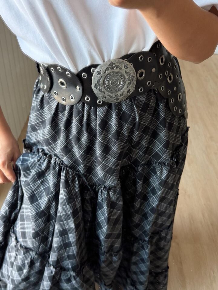 Ekose Desenli Asimetrik Etek Gri