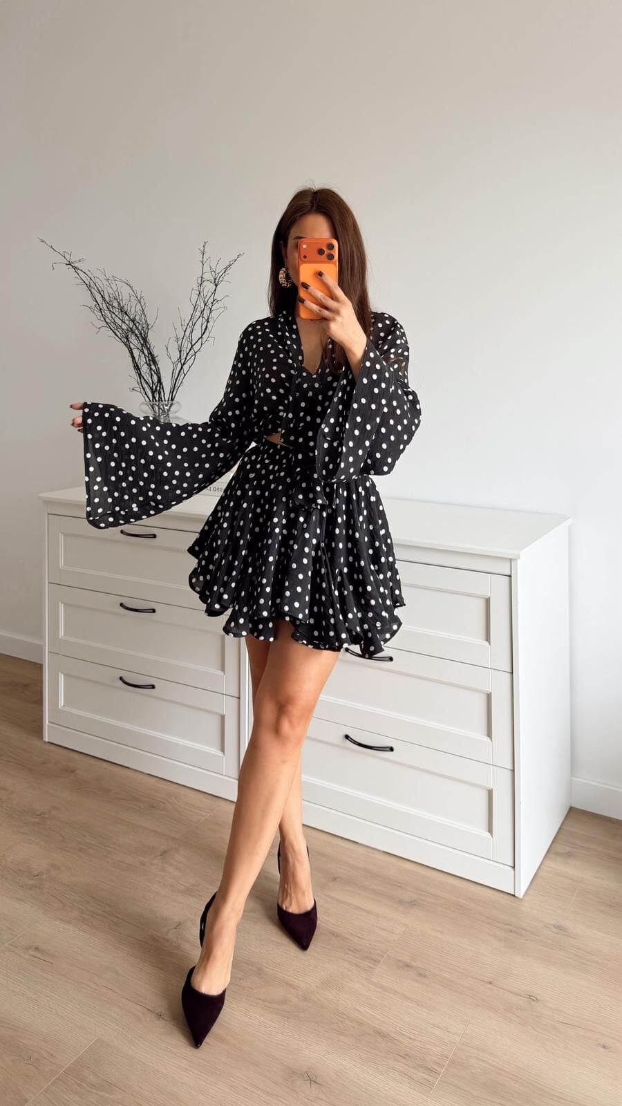 Puantiyeli Etek Bluz Takım Siyah