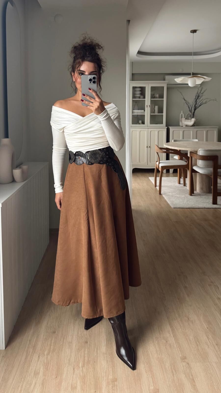 Süet Midi Etek Camel