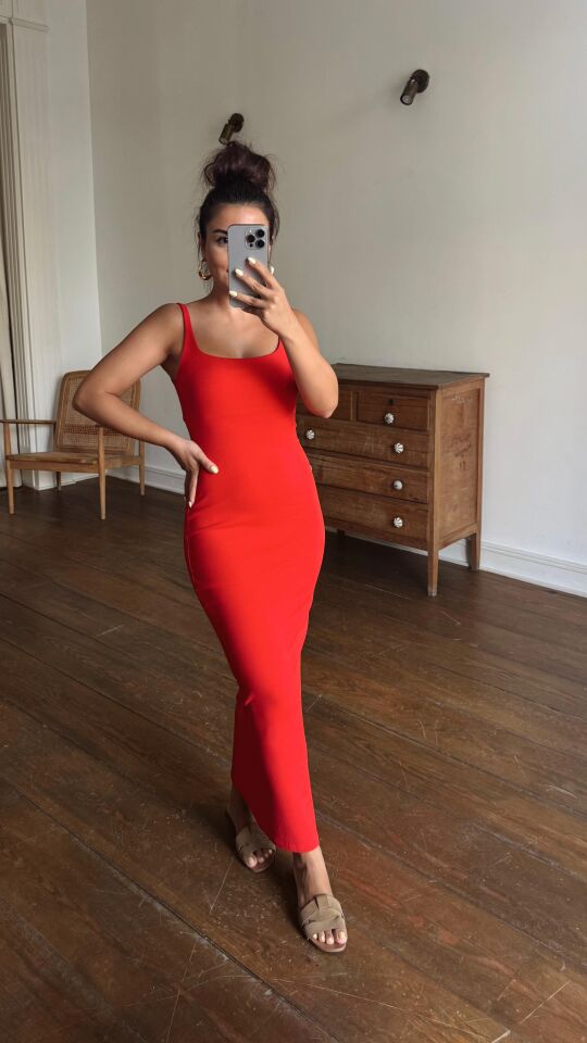 Kare Yaka Elbise Kırmızı