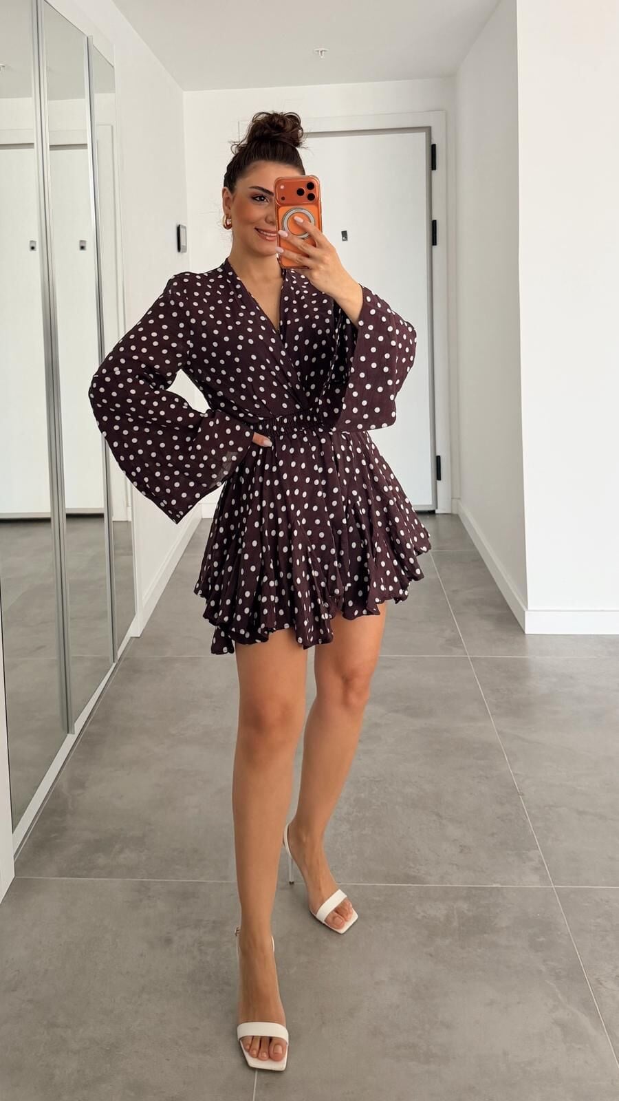 Puantiyeli Etek Bluz Takım Kahve