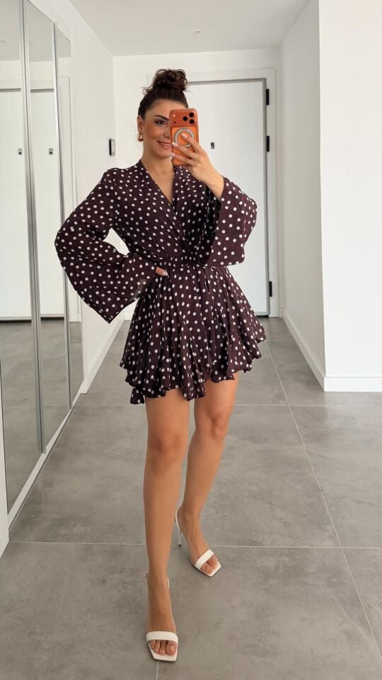 Puantiyeli Etek Bluz Takım Kahve