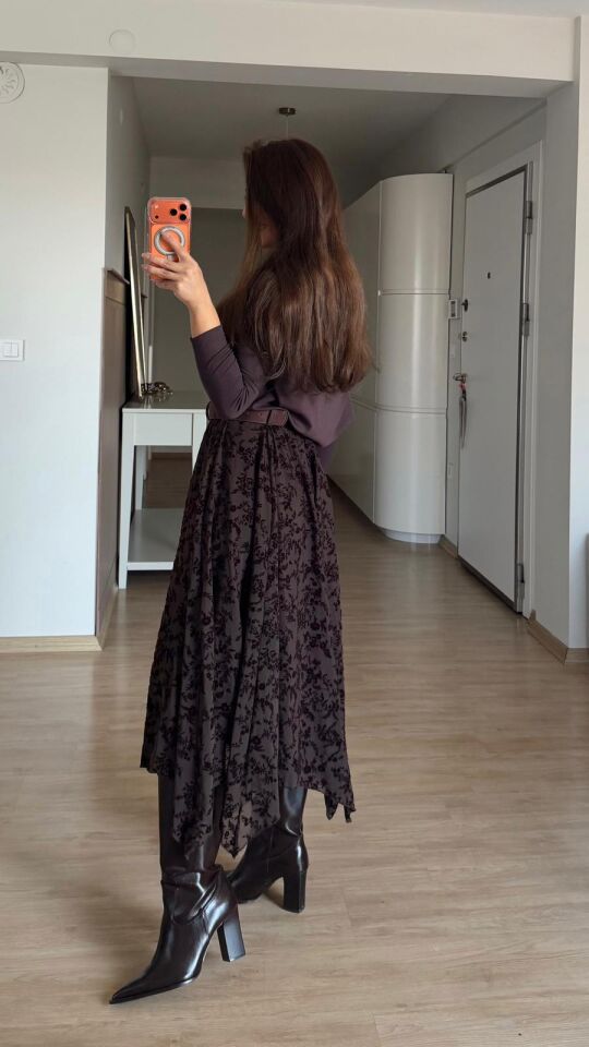 Kadife Çiçekli Mesh Etek