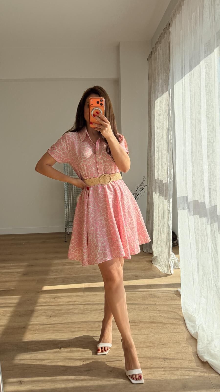 Leopar Mini Kuşaklı Elbise Pembe