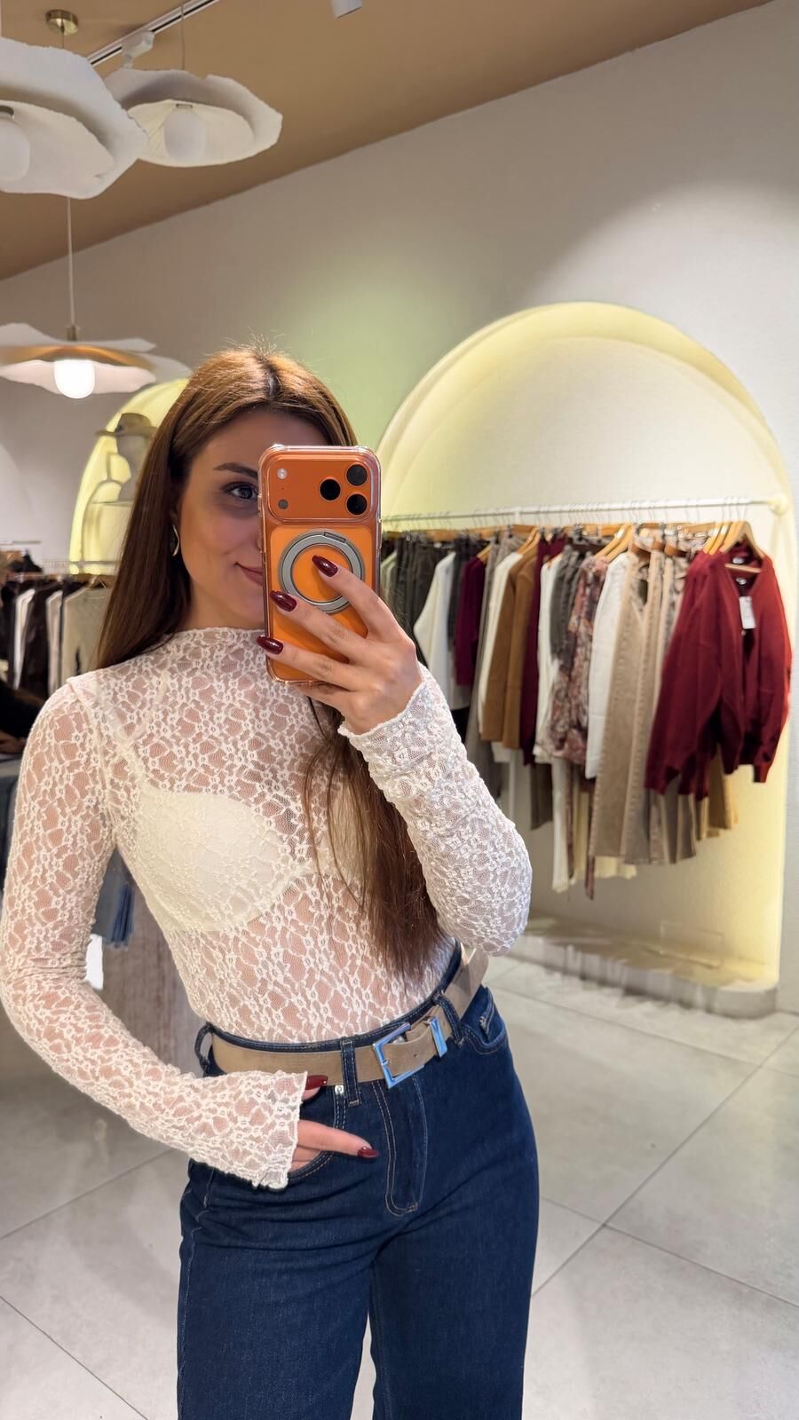 Transparan Dantel Bluz Kemik